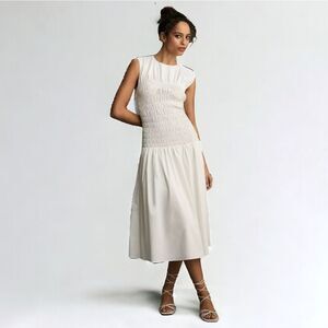 Anthropologie‎ Smocked Waist Midi Dress | Cream Classic Occasion Sz L NWT